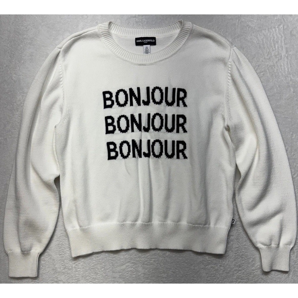 Karl Lagerfeld Paris Bonjour Graphic Sweater White Black Crew Neck Large